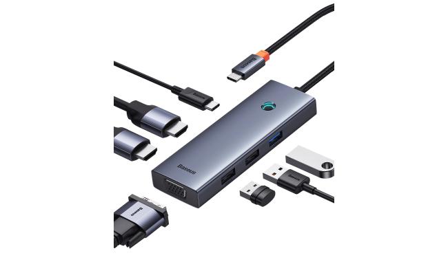 Baseus PortalJoy Series 7-Port Triple-Display HUB Type-C to HDMI4K@60Hz*1+HDMI4K@30Hz*1+VGA*1+USB3.0*1+USB2.0*2+PD*1 - Space Grey